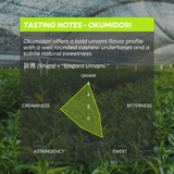 Tea field with text about 'Okumidorii' tea flavor profile and a flavor triangle diagram.