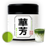 Black matcha tin can with glass matcha latte cup on right side and a top-down view of matcha powder and matcha drink in a cup.