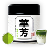 Black matcha tin can with glass matcha latte cup on right side and a top-down view of matcha powder and matcha drink in a cup.