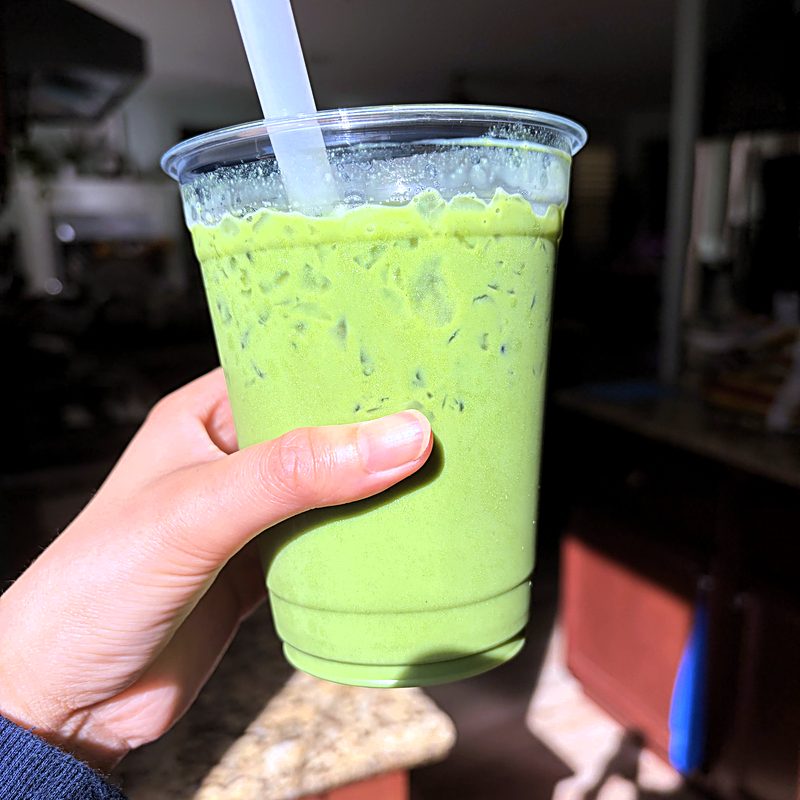 Customer photo: Bright green latte in direct sun